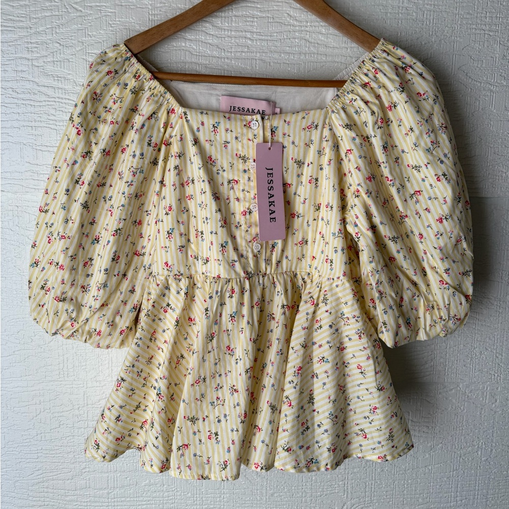 JessaKae Yellow Floral Puff Sleeve Peplum Blouse